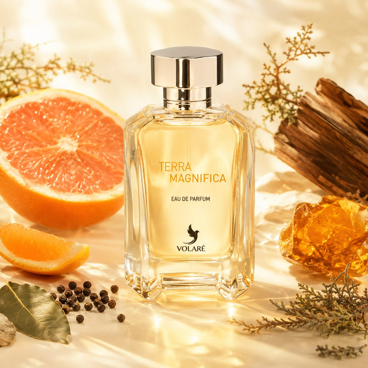 ARVOLA_SHOWCASE — Terra Magnifica, photo artistique (Orange • Pamplemousse, Poivre • Feuille de Laurier, Cèdre • Benjoin)
