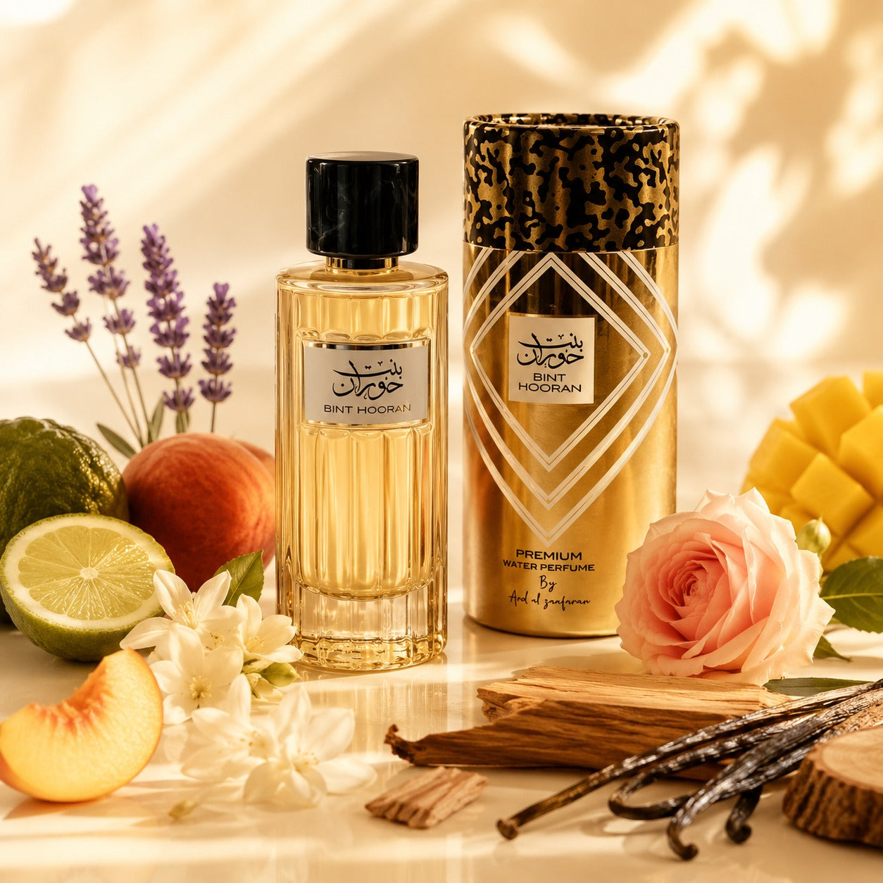 ARVOLA_SHOWCASE — Bint Hooran Premium, photo artistique (Lavande, Bergamote, Rose, Jasmin, Mangue, Pêche, Vanille, Bois de cèdre, Santal)