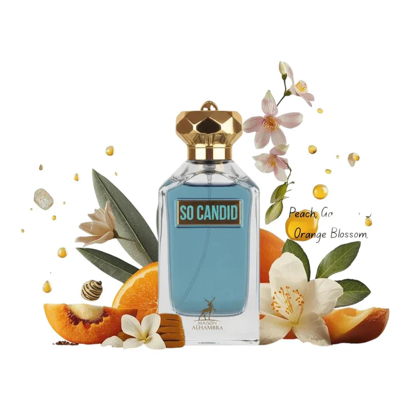 Parfum So Candid de Maison Alhambra entouré de fleurs d'oranger et de nectar de pêche.