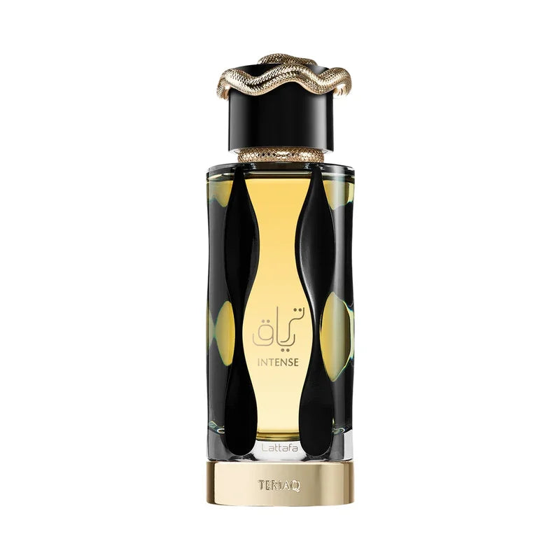 Parfum Lattafa Teriaq Intense pour femme avec flacon doré et noir élégant