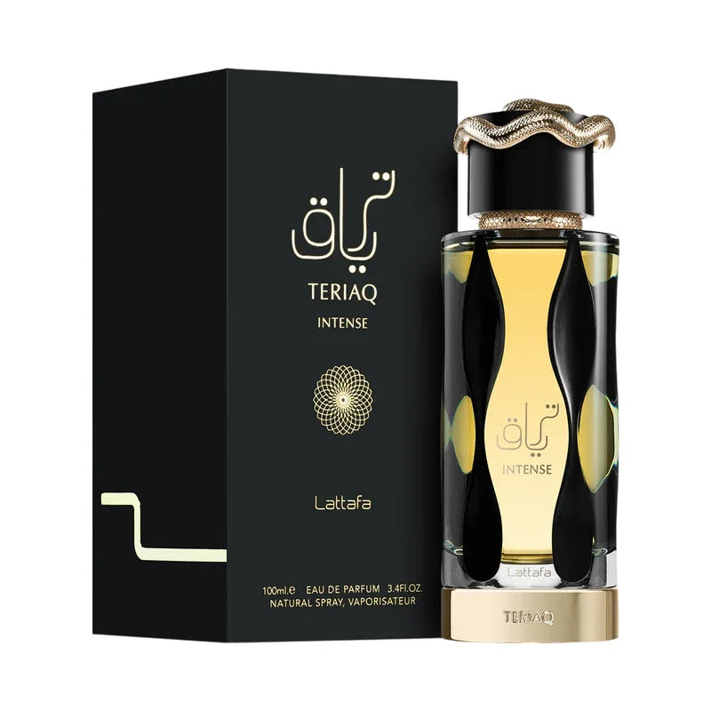 Parfum Lattafa Teriaq Intense Eau de Parfum pour femme en flacon doré et boîte noire