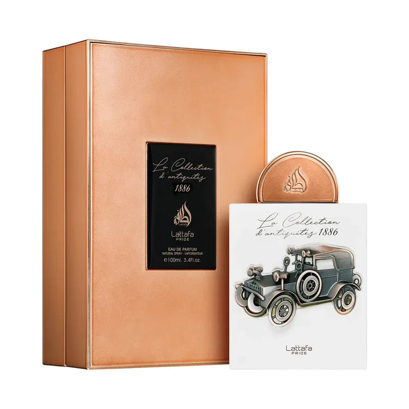 Parfum Lattafa Pride 1886, eau de parfum 100ml, coffret luxe avec voiture vintage, collection d'antiquités