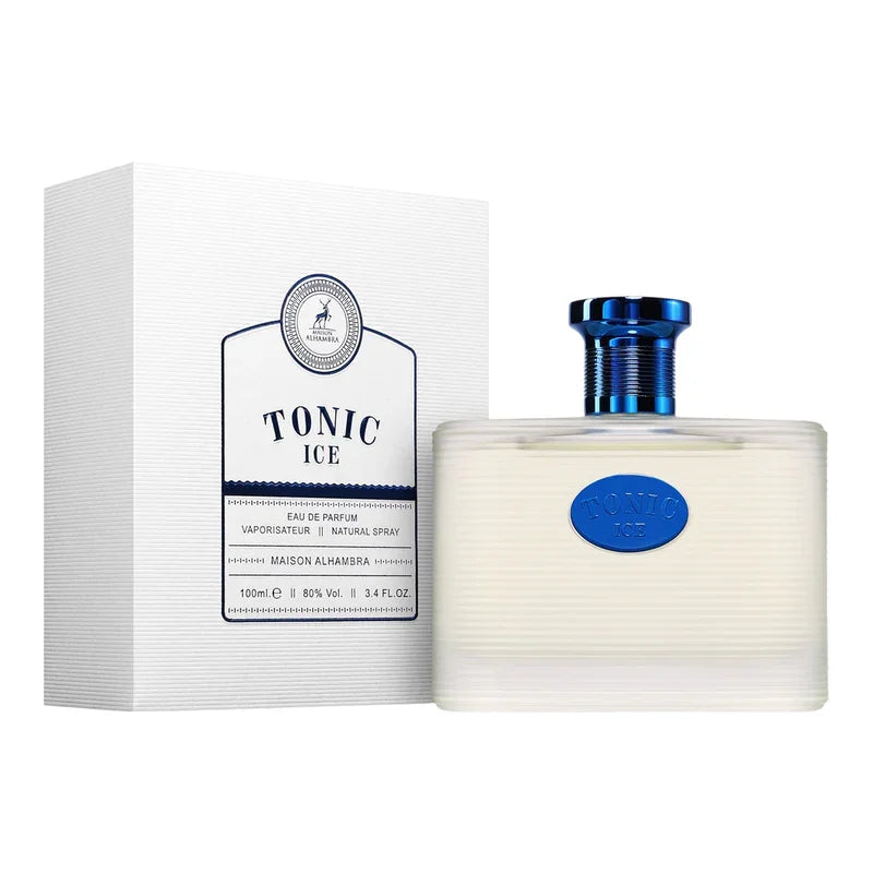 Parfum Eau de Parfum Tonic Ice de Maison Alhambra dans son flacon et son étui blanc.