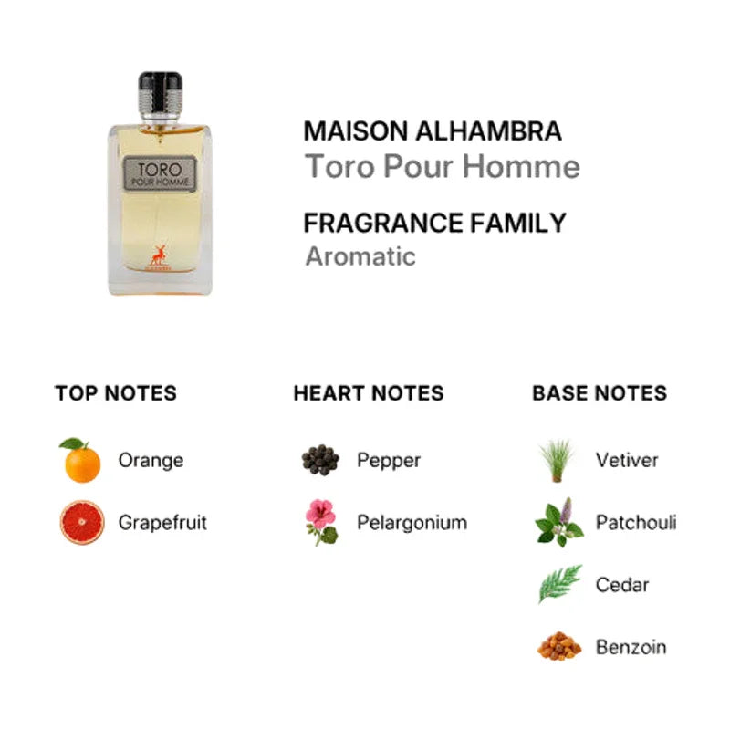 Parfum Toro Pour Homme de Maison Alhambra, notes aromatiques d'orange, poivre et vétiver.