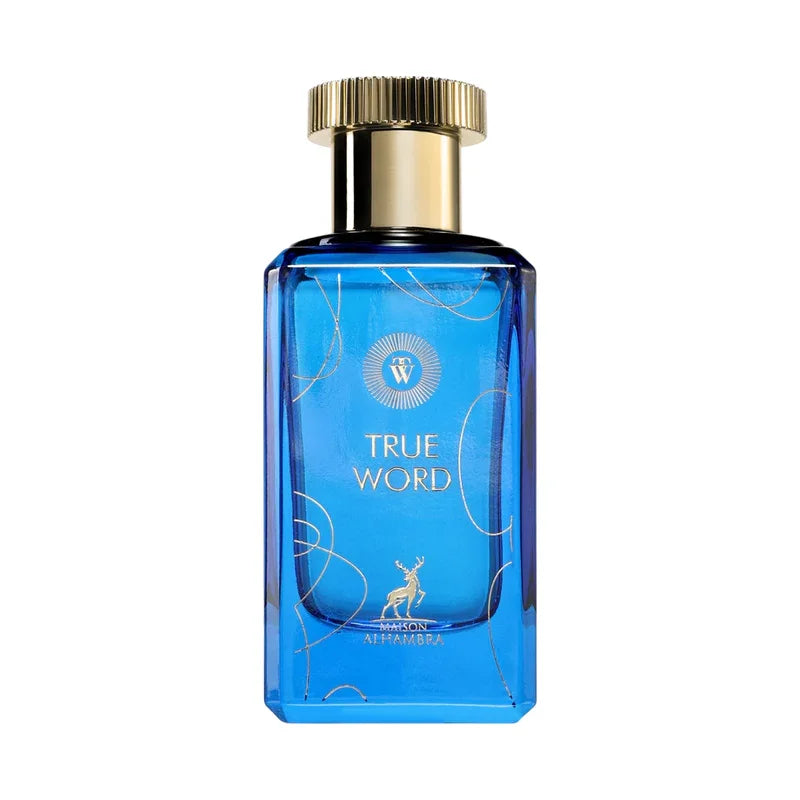 Parfum True Word de Maison Alhambra dans un flacon bleu élégant avec bouchon doré