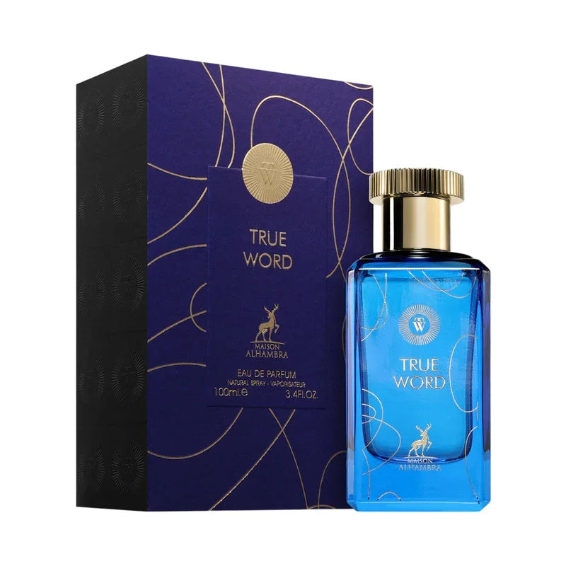 Parfum Eau de Parfum True Word de Maison Alhambra dans son coffret bleu et doré.