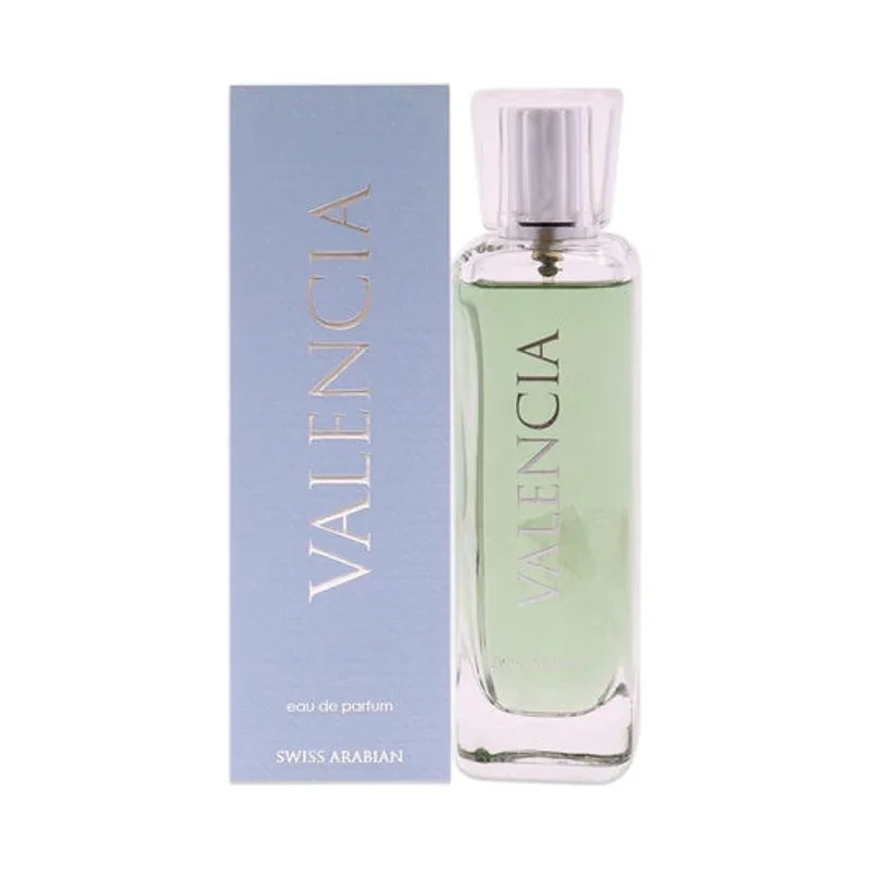 Parfum Valencia eau de parfum Swiss Arabian, flacon vert clair et boîte bleu pâle