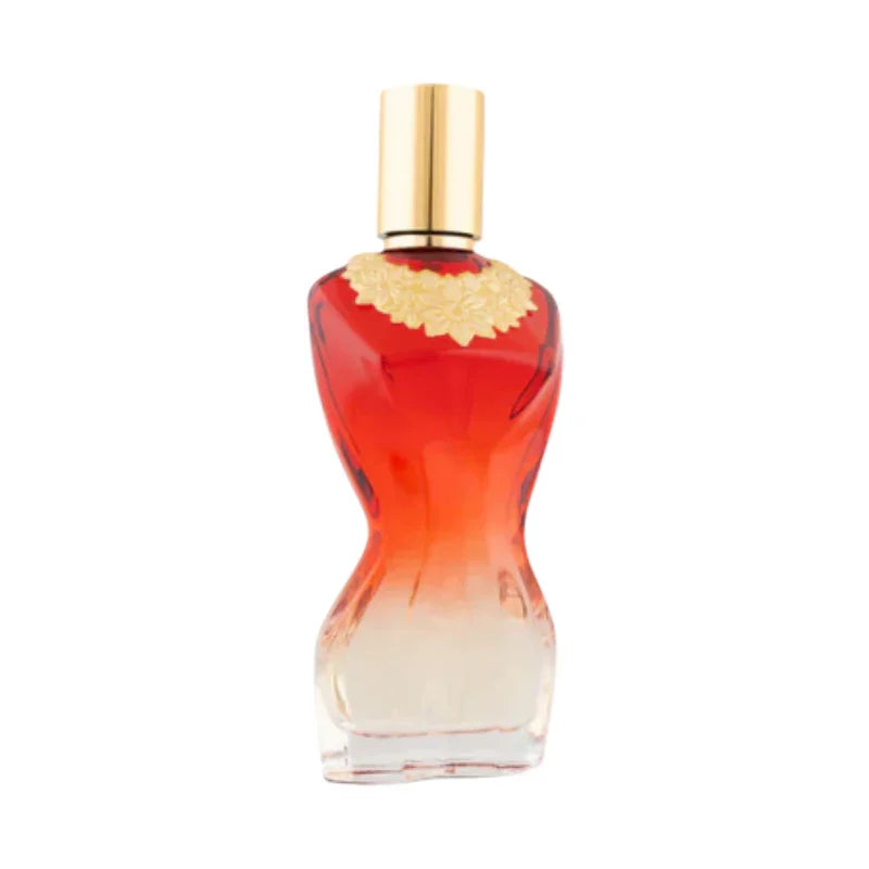 Flacon de parfum élégant avec dégradé rouge et doré sur fond blanc