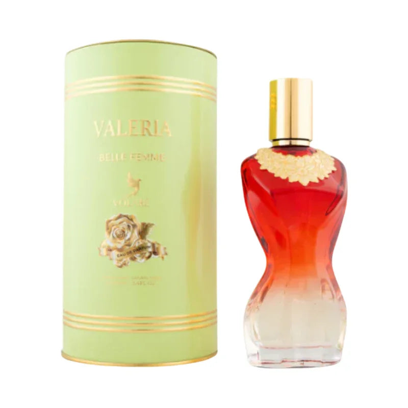 Parfum Valeria Belle Femme dans son flacon rouge élégant et son étui cylindrique vert clair.