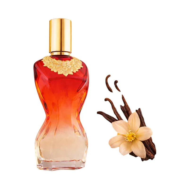 Flacon de parfum ambré avec bouchon doré et notes de vanille naturelle