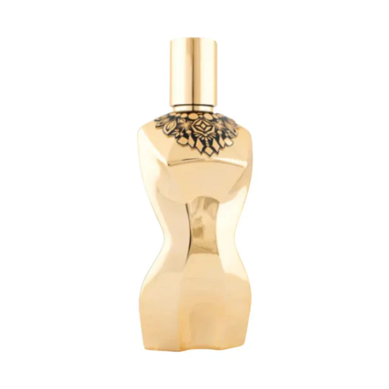 Flacon de parfum doré élégant avec détails ciselés noirs