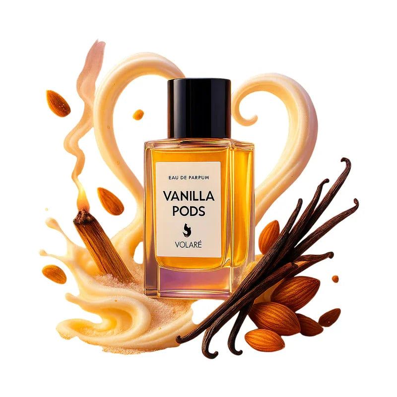 Flacon de parfum Eau de Parfum Vanilla Pods entouré de gousses de vanille et d'amandes.