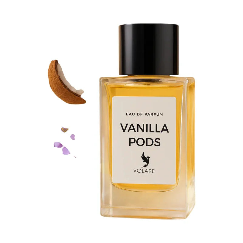 Eau de parfum Vanilla Pods de Volare dans un flacon en verre ambré avec éclat de noix de coco.