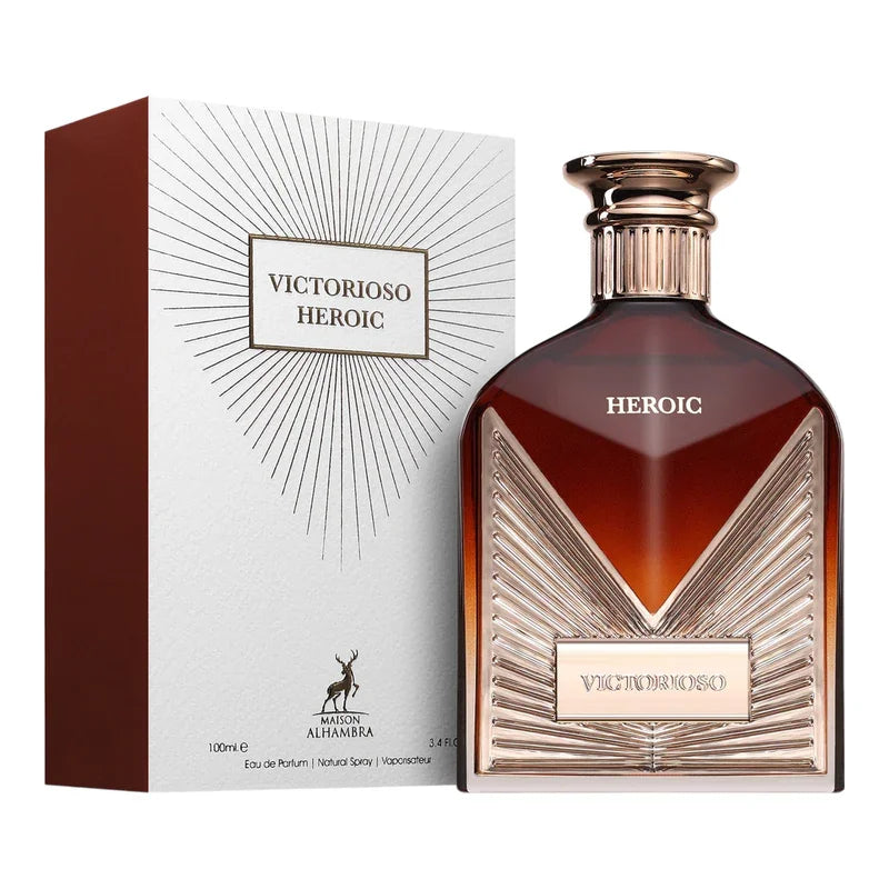 Parfum Victorioso Heroic de Maison Alhambra, flacon ambré et boîte élégante
