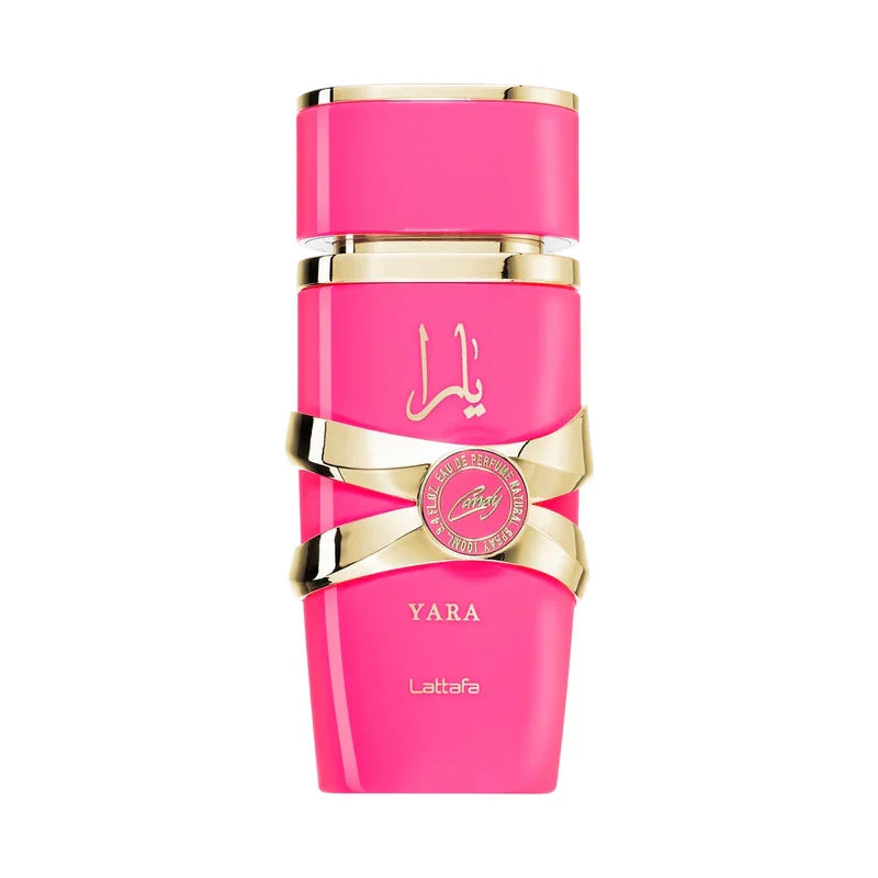 Parfum Yara de Lattafa pour femme, flacon rose vif avec détails dorés