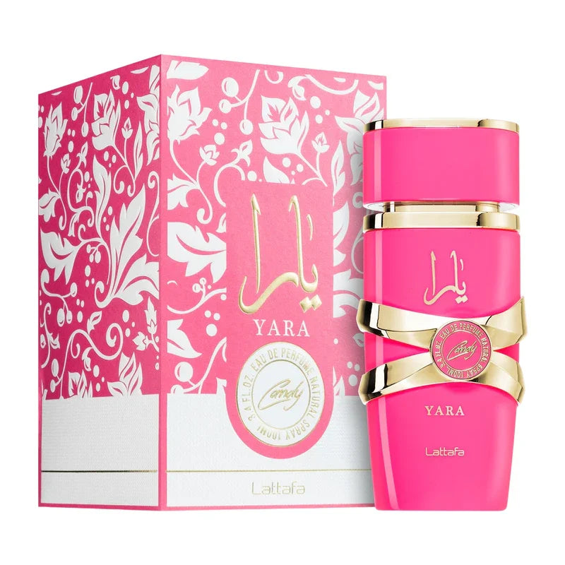 Parfum rose Yara de Lattafa, flacon et boîte parfumée gourmande