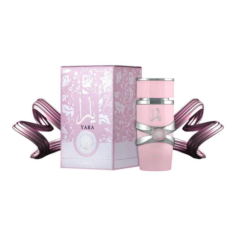 Parfum Yara de Lattafa en flacon rose et son coffret décoré floral