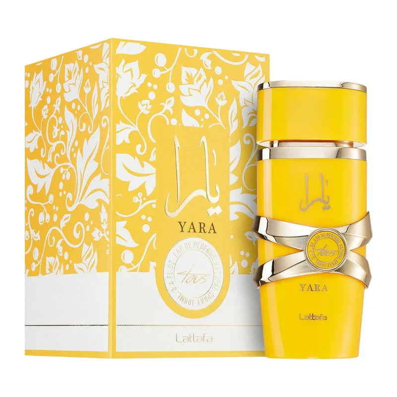 Parfum Yara Lattafa en flacon jaune vif avec écrin floral, eau de parfum orientale luxueuse