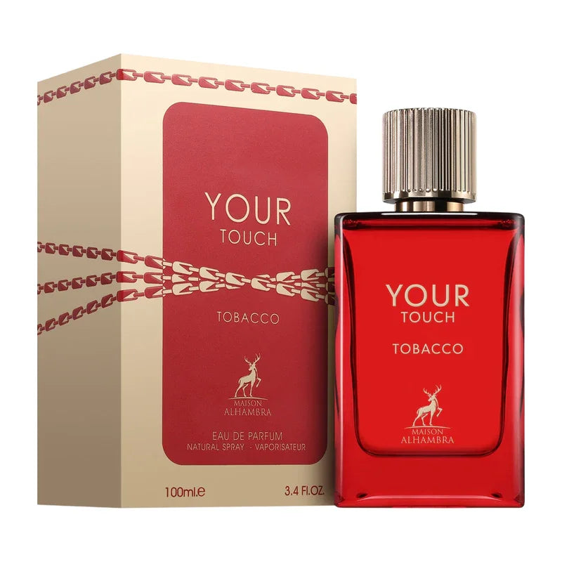 Parfum Your Touch Tobacco de Maison Alhambra, flacon rouge et coffret élégant 100ml.