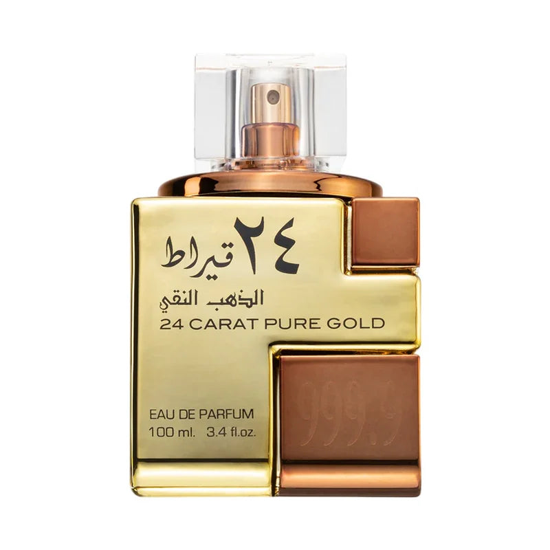 Parfum 24 Carat Pure Gold, eau de parfum 100 ml, flacon doré luxueux avec inscription arabe et 999.9