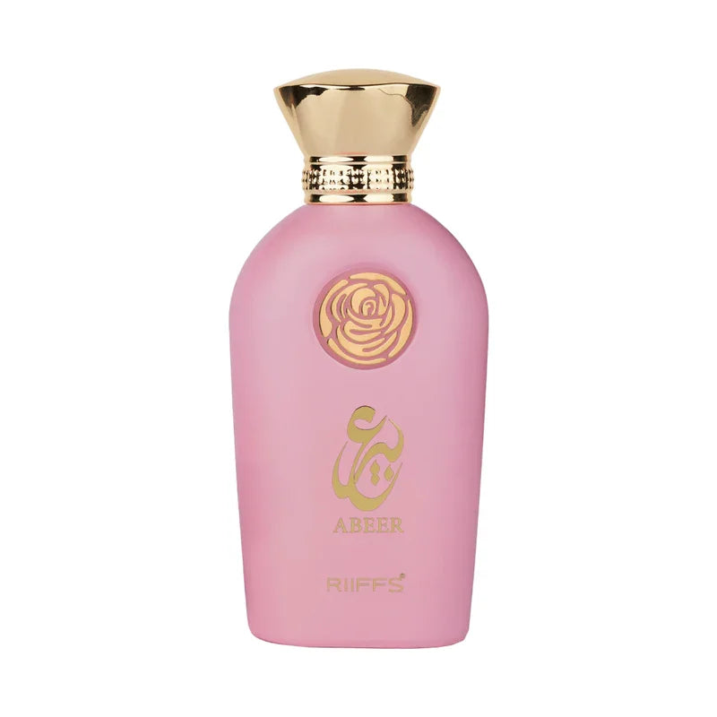 Flacon de parfum rose Abeer Riiffs avec bouchon doré et motif de rose.