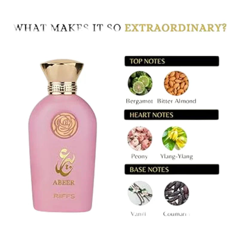 Parfum Abeer Riffs rose avec notes de bergamote, amande amère, pivoine, ylang-ylang et vanille.
