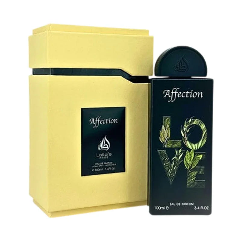 Parfum Affection en flacon noir avec boîte jaune, design élégant et feuilles vertes
