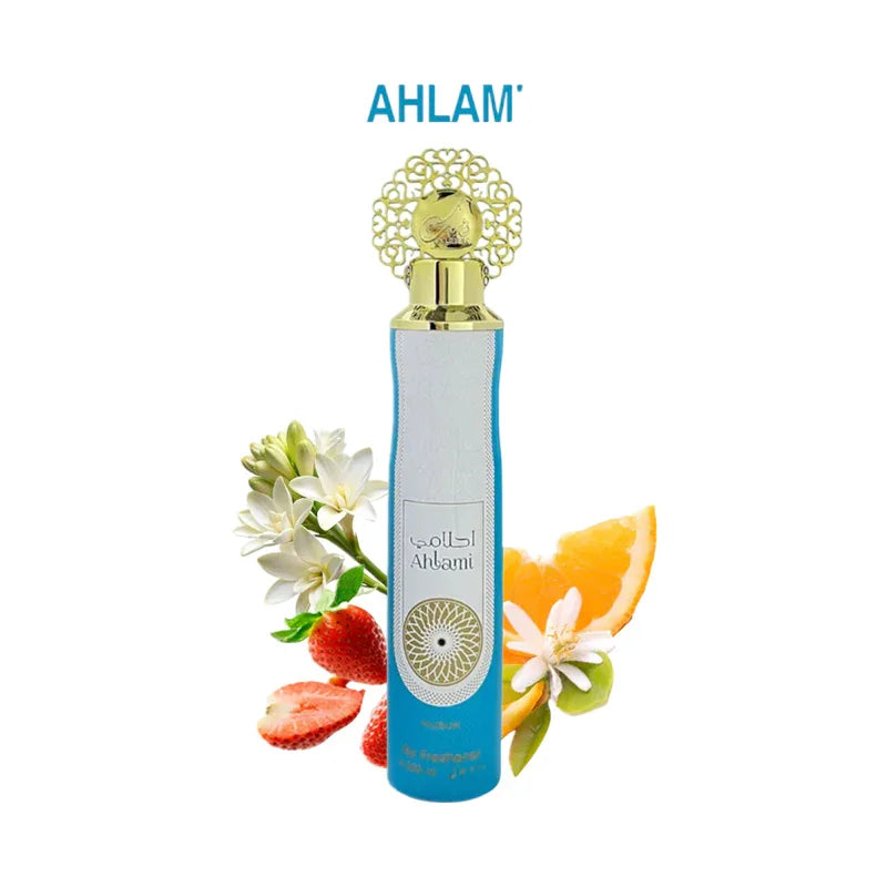 Parfum Ahlami avec flacon bleu, fleurs blanches et agrumes, diffusion d'ambiance élégante