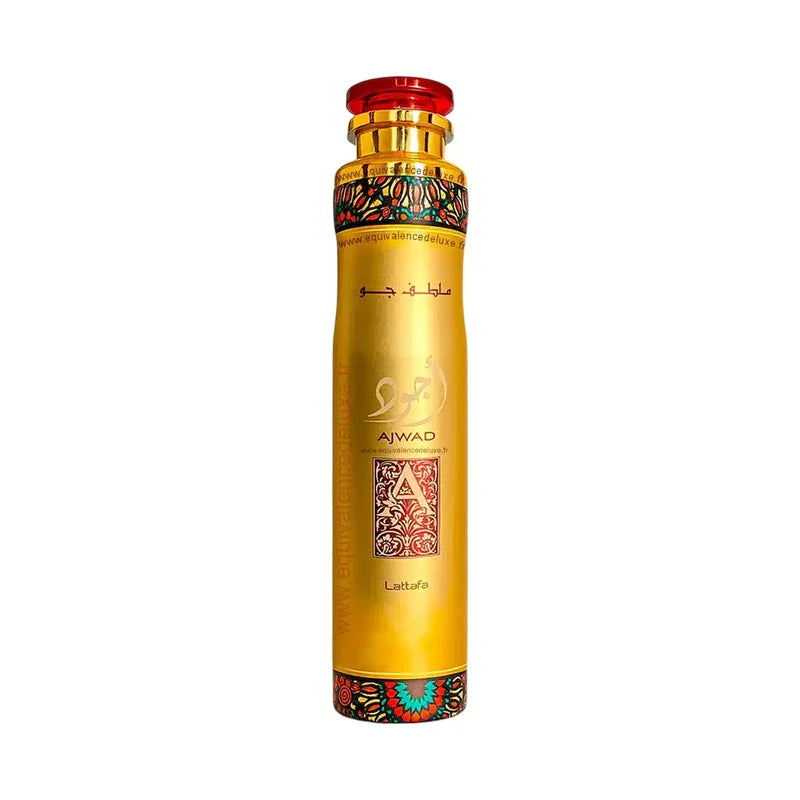 Flacon doré Ajwad Lattafa avec détails arabesques et bouchon rouge, parfum oriental luxueux