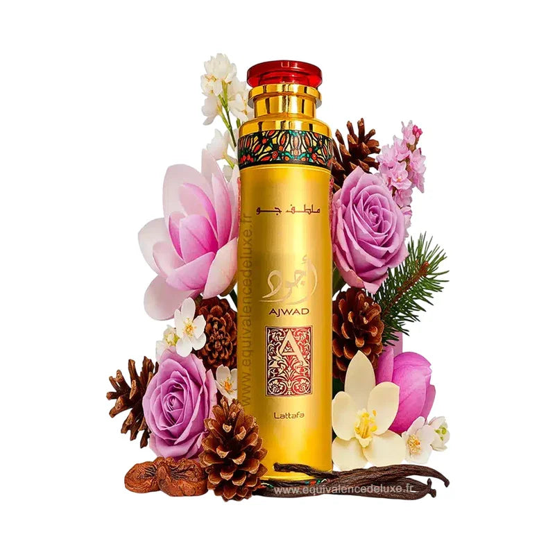 Parfum Ajwad Lattafa doré avec roses, épices et fleurs, flacon luxe oriental