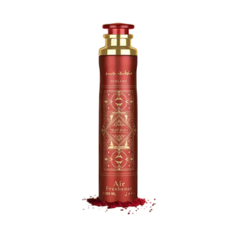 Désodorisant d'ambiance rouge et or avec motifs orientaux élégants, flacon de 300 ml.