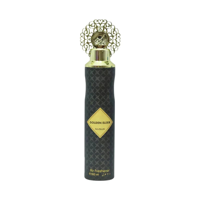 Diffuseur d'air Golden Elixir Nusuk, flacon noir texturé avec pompe dorée et détails ornementaux