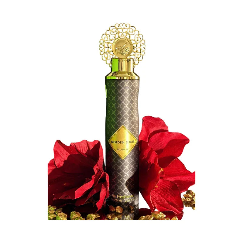 Diffuseur d'air Golden Elixir Nusuk avec flacon doré et fleurs rouges, parfum luxueux pour maison