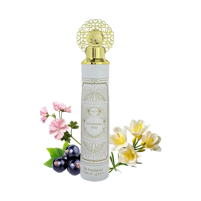 Diffuseur d'air Goodness Oud avec capuchon doré, fleurs et baies, parfum oriental élégant