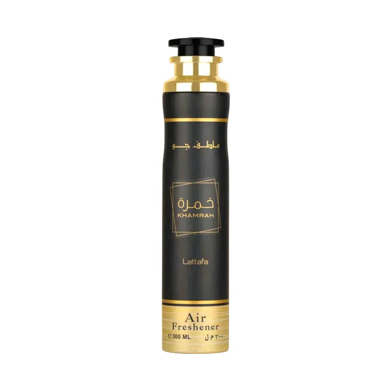 Désodorisant aérien Khamrah de Lattafa, flacon noir et doré de 300 ml.