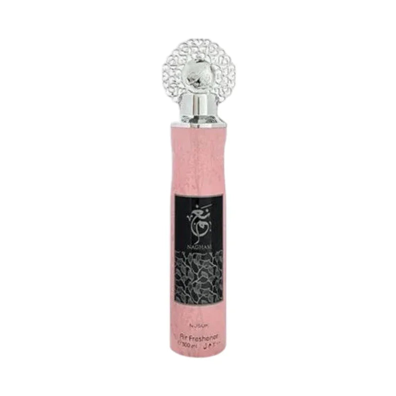 Diffuseur d'air rose poudré avec pommeau décoratif et étiquette noire, parfum NAGHAM