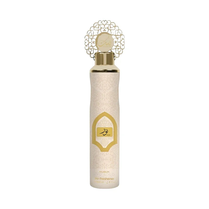 Diffuseur d'air Nusuk Noor, parfum oriental élégant avec flacon décoratif doré et motif arabe