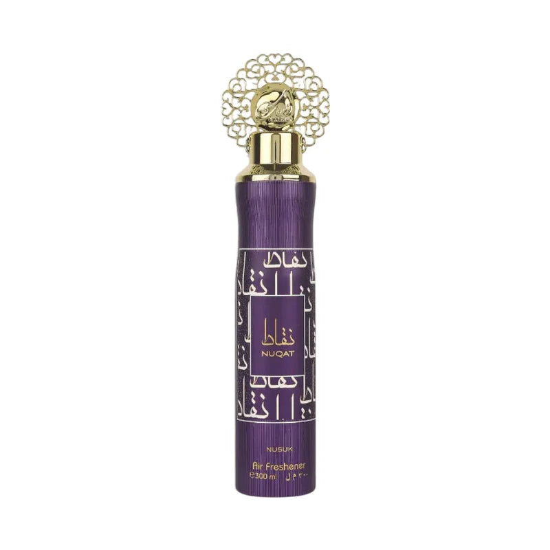 Diffuseur d'air Nusuk Nuqat violet avec détails dorés et calligraphie arabe, 300 ml