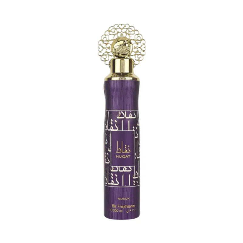 Diffuseur d'air parfumé violet NUQAT avec capuchon doré et motifs arabesques, 300 ml