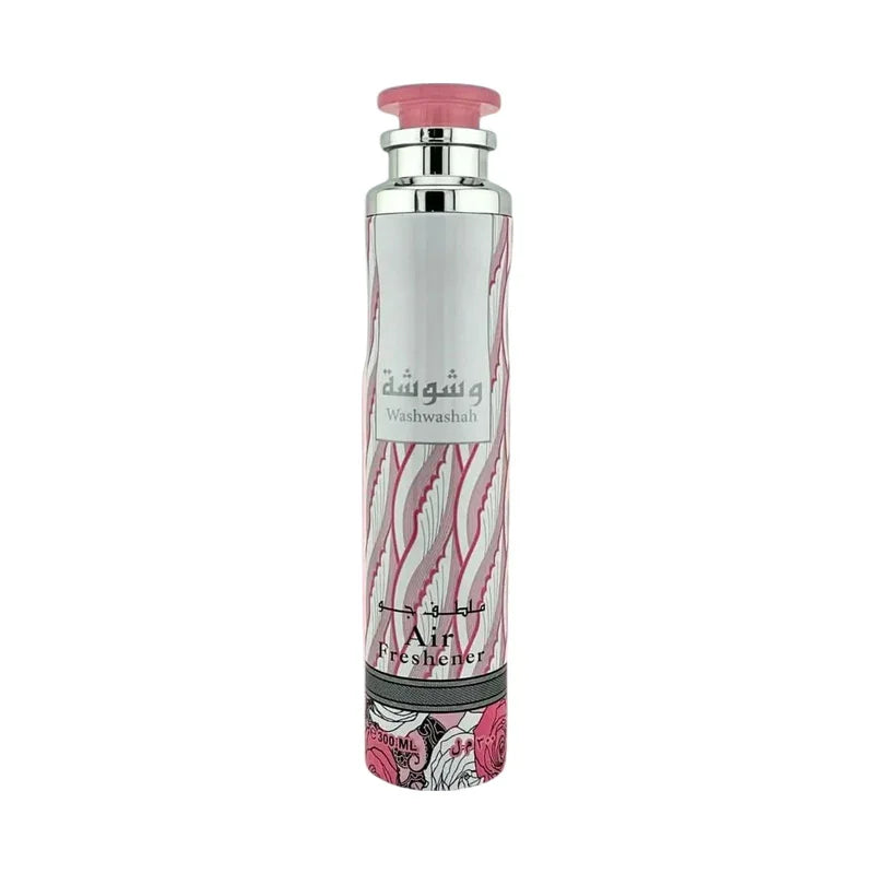 Désodorisant d'ambiance Washwashah en spray, flacon décoratif rose et blanc de 300 ml.