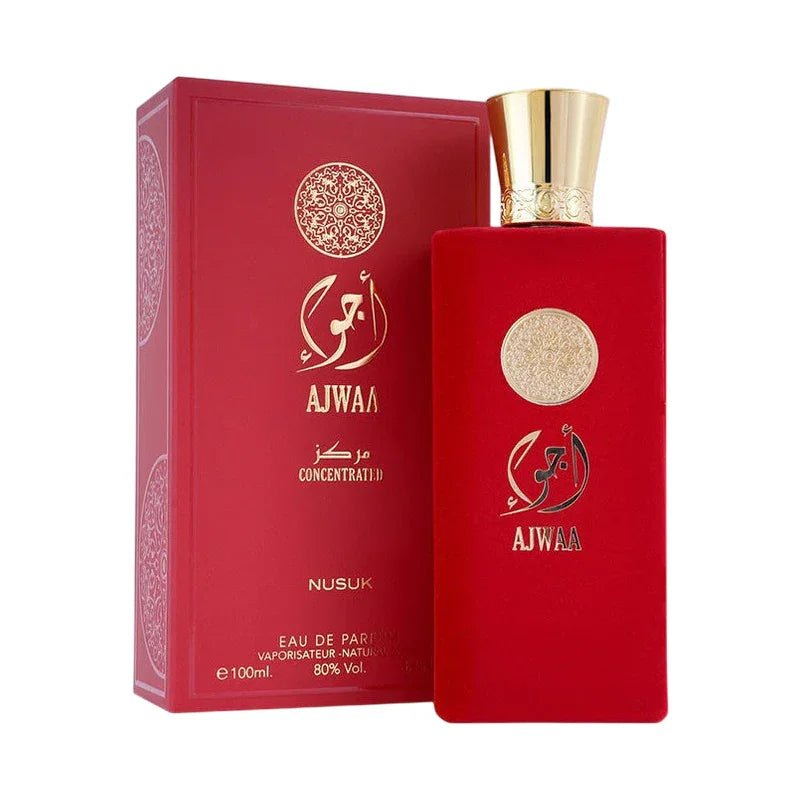 Parfum Ajwaa Nusuk Eau de Parfum rouge et doré dans son coffret de 100ml