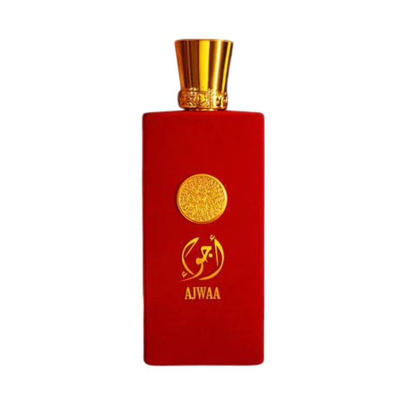 Flacon de parfum rouge Ajwaa avec bouchon doré et détails ornementaux
