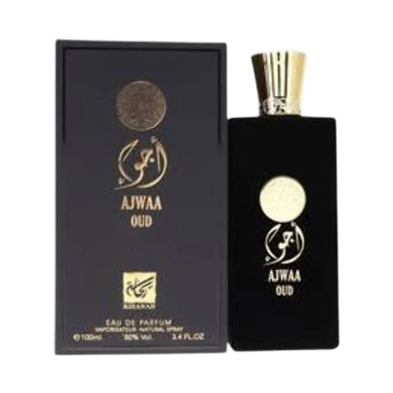 Parfum Ajwaa Oud Eau de Parfum pour homme dans son flacon noir et son coffret élégant.