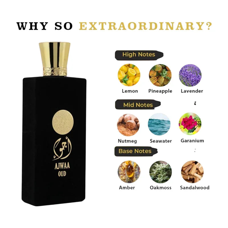 Parfum Ajwaa Oud avec notes de citron, ananas, lavande, muscade, eau de mer et santal.