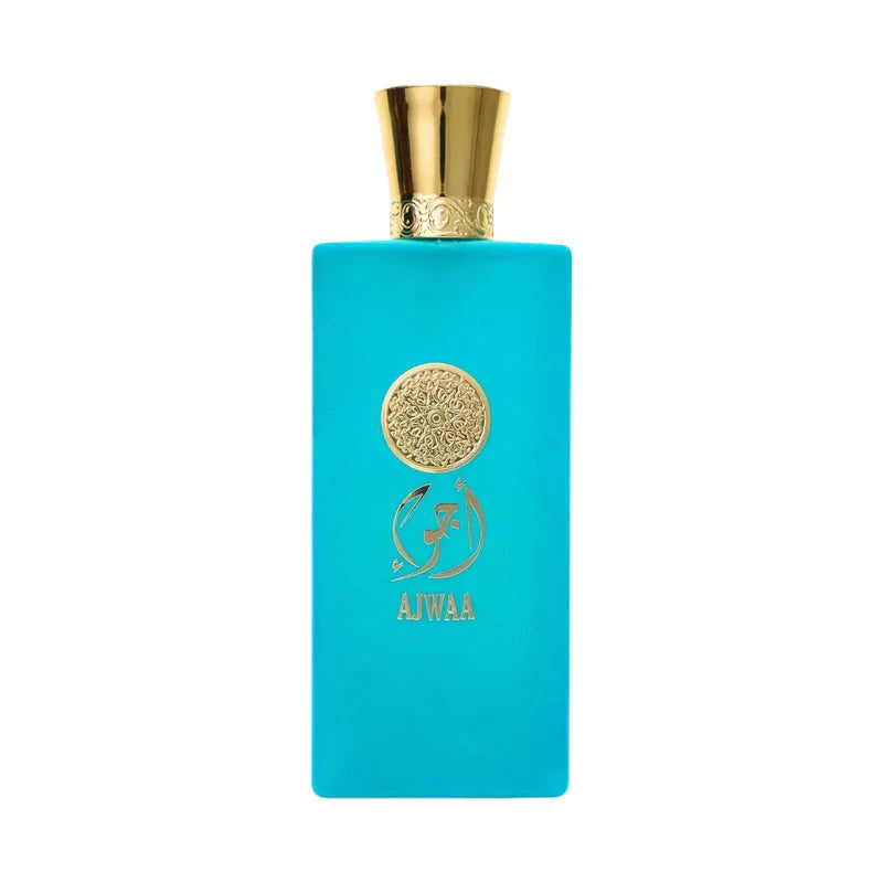 Flacon de parfum bleu turquoise Ajwaa avec bouchon doré ornementé