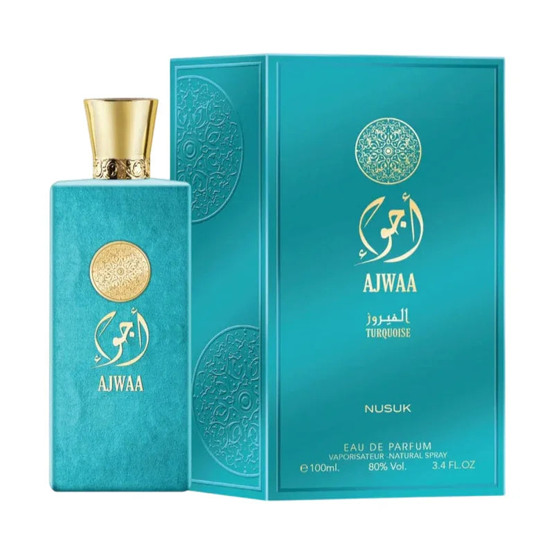 Parfum Ajwaa Turquoise de Nusuk, flacon et boîte turquoise avec détails dorés 100ml