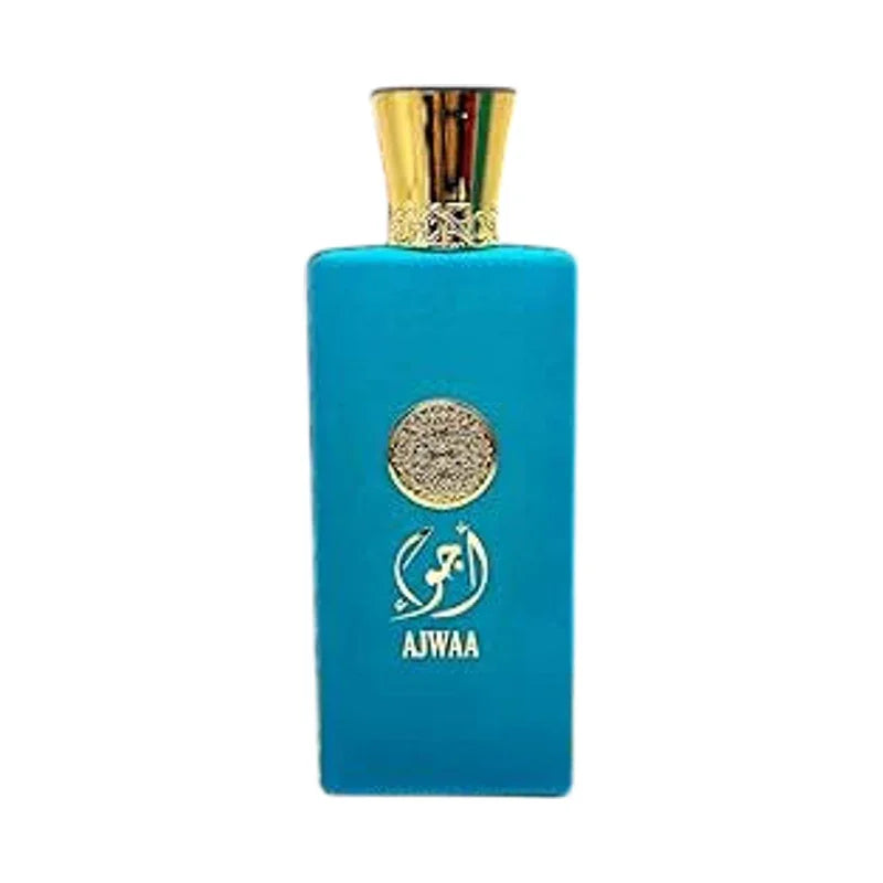 Flacon de parfum bleu turquoise Ajwaa avec bouchon doré élégant