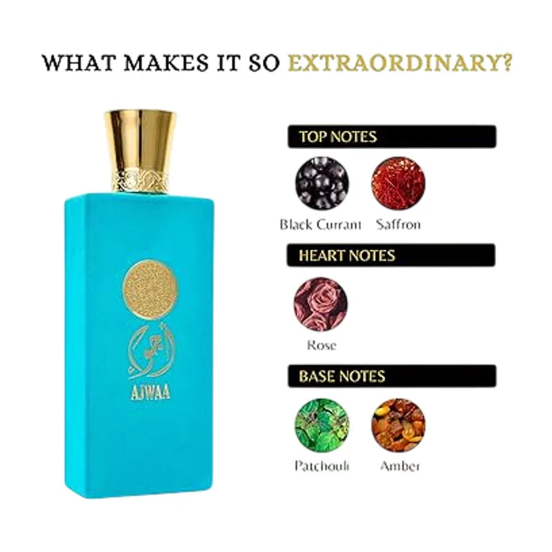 Parfum Ajwaa avec notes de tête cassis et safran, cœur de rose et fond patchouli et ambre.