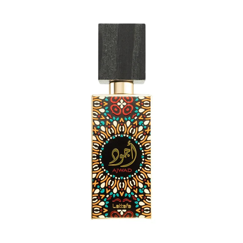 Parfum Ajwad aux motifs orientaux, flacon décoratif avec bouchon en bois, design luxueux et coloré