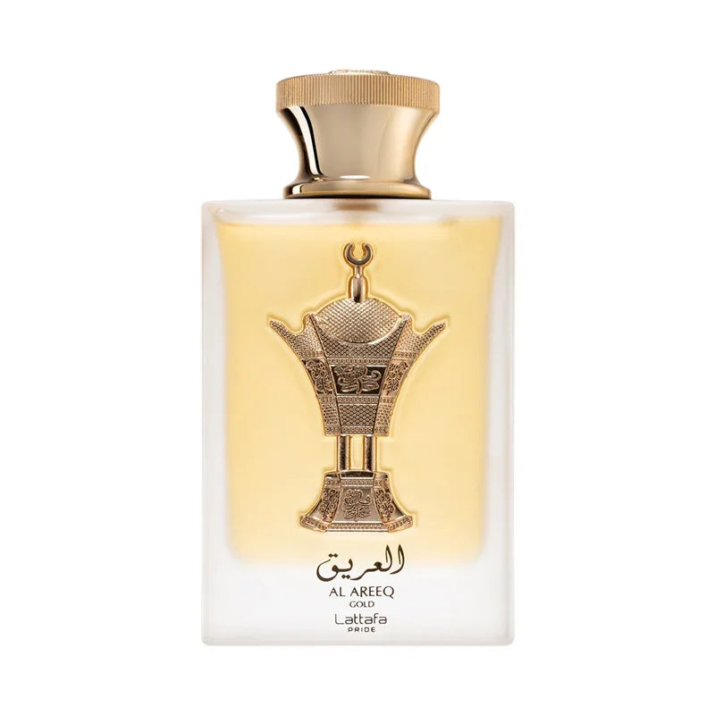 Parfum Al Areeq Gold de Lattafa Pride dans un flacon doré élégant